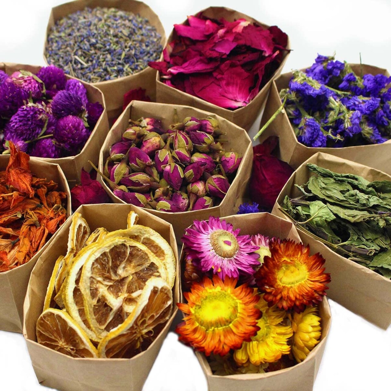 9 Bags Set Dried Flowers - Candle Making Soap Making DIY Natural Flowers-Lemon,Lily,Don't Forget Me,Lavender,Mint Leaf,Rose Petal, Red Rose,Globe Amaranth,Chrysanthemum.